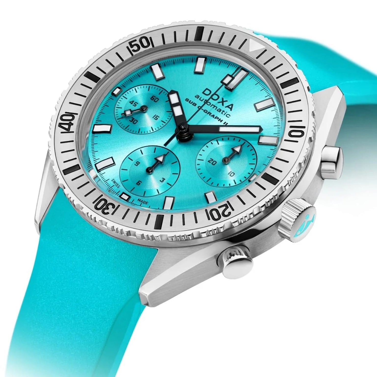 The DOXA Sub 200 C-Graph II Aquamarine is a silver mechanical automatic chronograph with a turquoise dial, matching rubber strap, three subdials, and a unidirectional bezel—a vibrant yet functional tool watch.