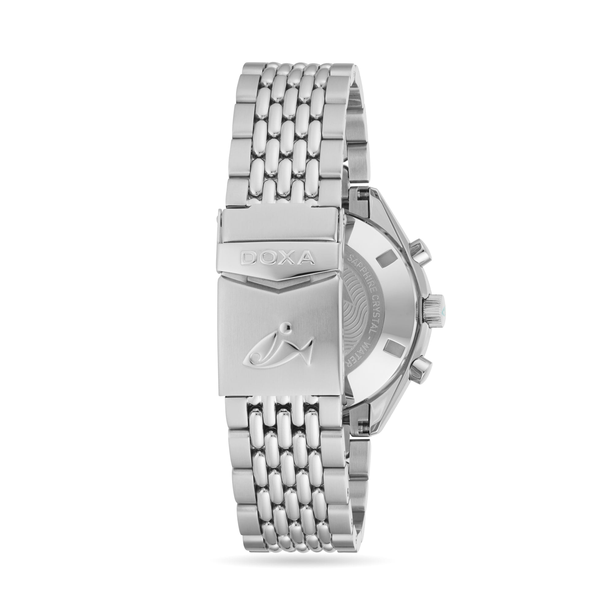 The DOXA Sub 200 C-Graph II Aquamarine is shown from the back, displaying a branded clasp with the fish logo on its stainless steel bracelet and an engraved case highlighting its mechanical automatic chronograph.