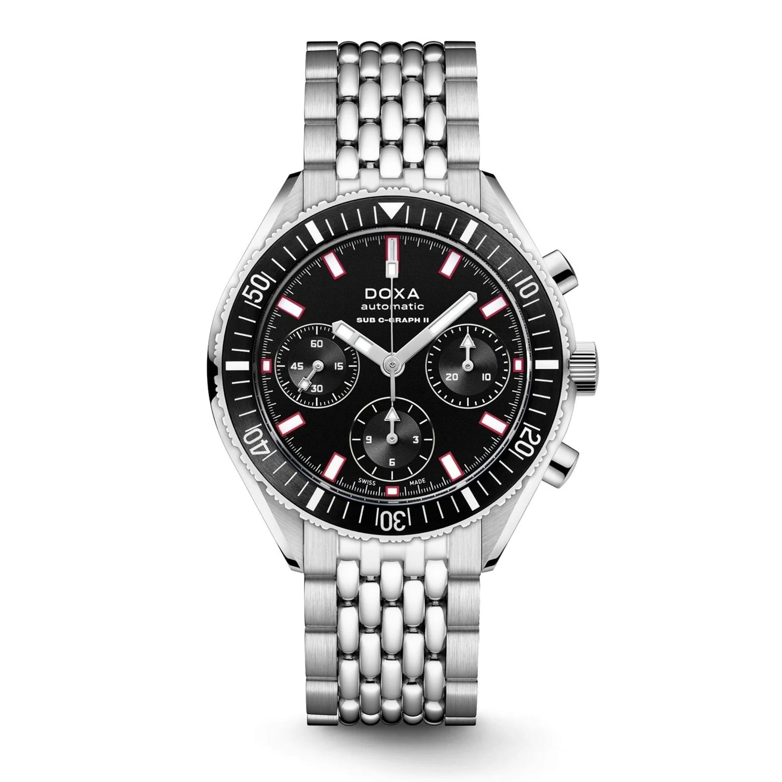 The DOXA Sub 200 C-Graph II Sharkhunter is a stainless steel automatic chronograph watch with a black dial, three subdials, red accents, and a stainless steel bracelet.