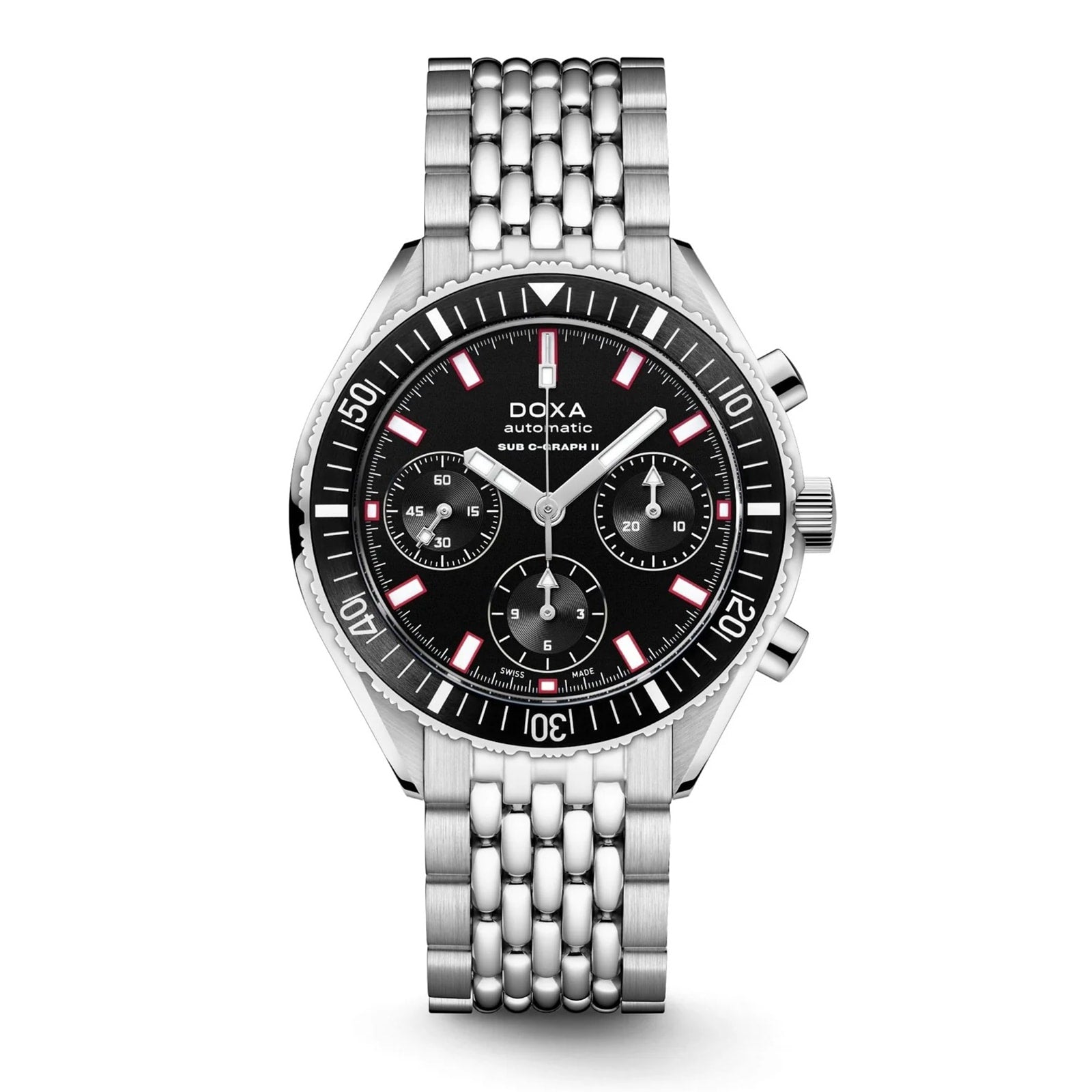 The DOXA Sub 200 C-Graph II Sharkhunter is a stainless steel automatic chronograph watch with a black dial, three subdials, red accents, and a stainless steel bracelet.