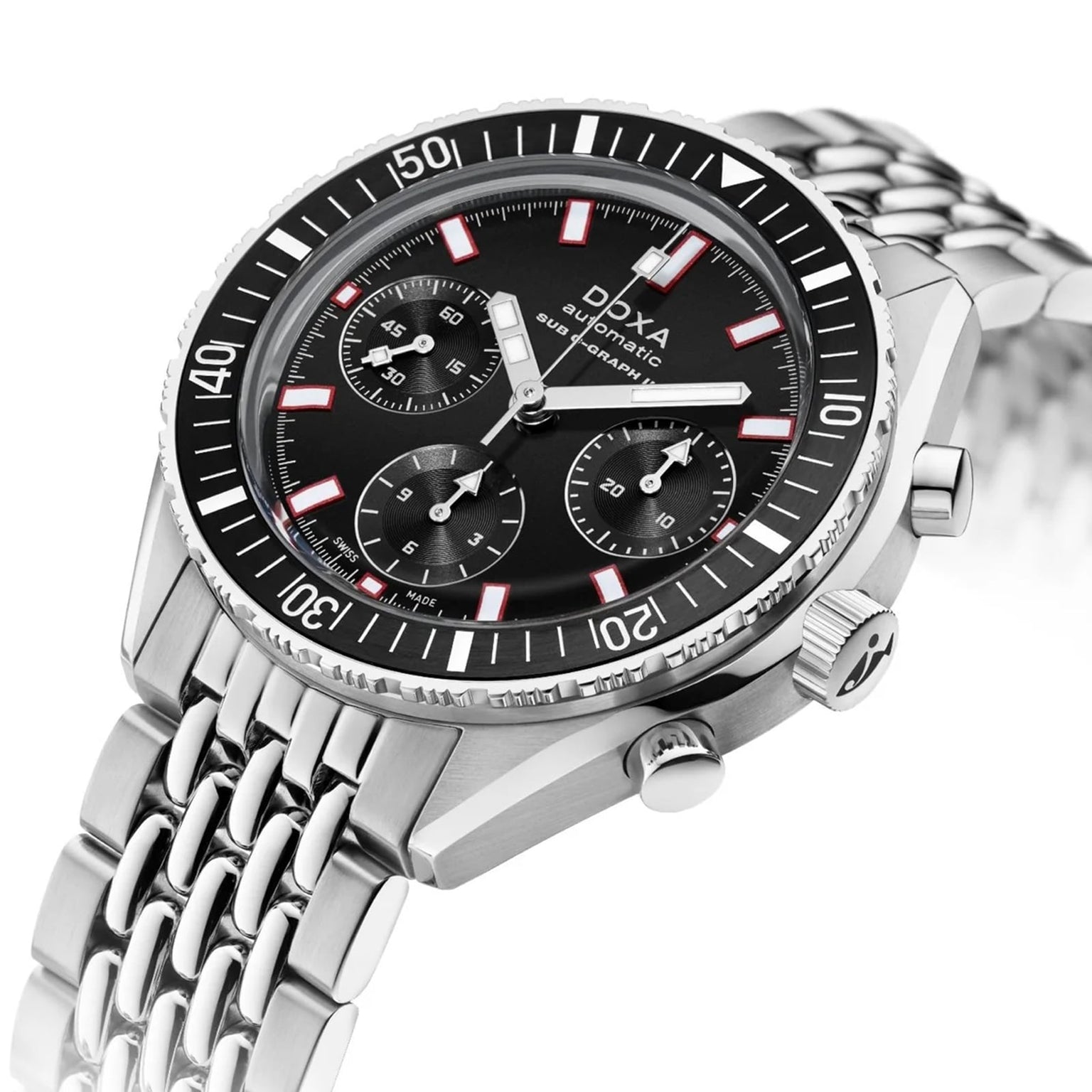 The DOXA Sub 200 C-Graph II Sharkhunter is a mechanical automatic chronograph featuring a black dial with red accents, three subdials, and a stainless steel bracelet.