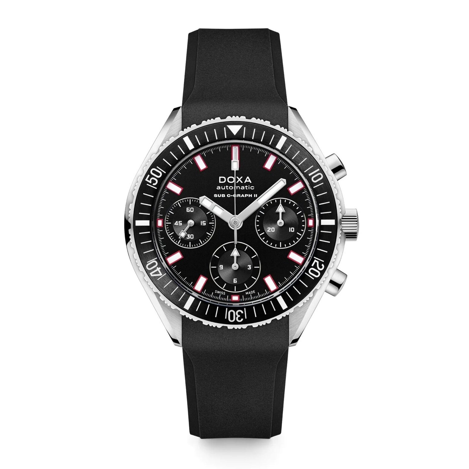The DOXA Sub 200 C-Graph II Sharkhunter is a black wristwatch with a rubber strap, black dial, three subdials, silver hour markers, and red accents—a stylish automatic chronograph designed for precision.