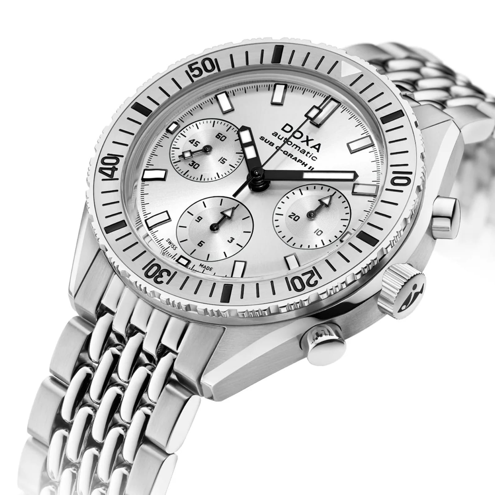 The DOXA Sub 200 C-Graph II Whitepearl is a silver mechanical automatic chronograph with a 316L stainless steel band, three subdials, and a white bezel with black number markings.