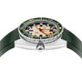 A side view of the DOXA Army Stainless Steel by DOXA shows its green bezel, cream dial, and green strap. The crown has a wave logo, and Super-LumiNova accents boost visibility.