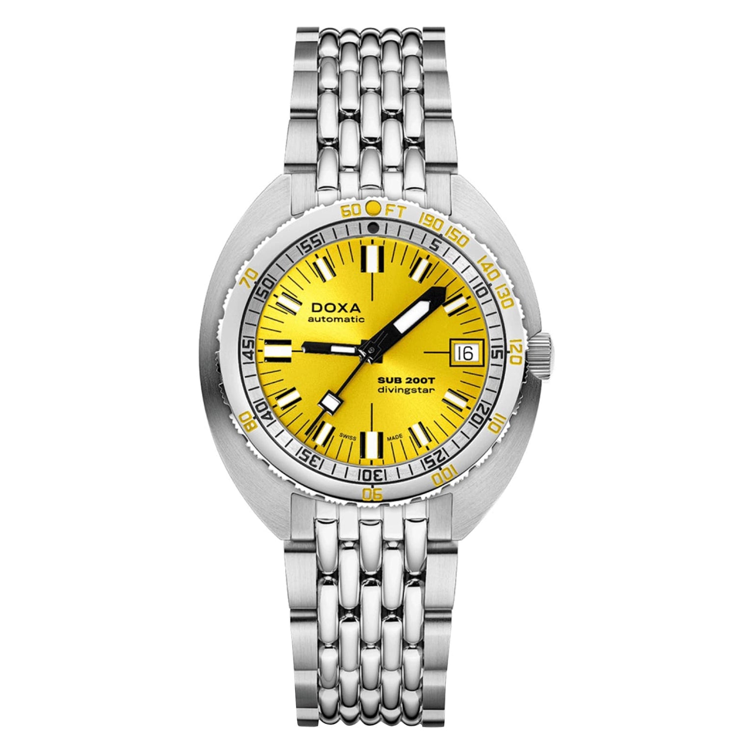 A stainless steel wristwatch with a yellow dial, date at 3 o’clock, and linked metal bracelet. The dial reads DOXA automatic Sub 200T Divingstar—a Swiss icon for deep-sea diving enthusiasts.