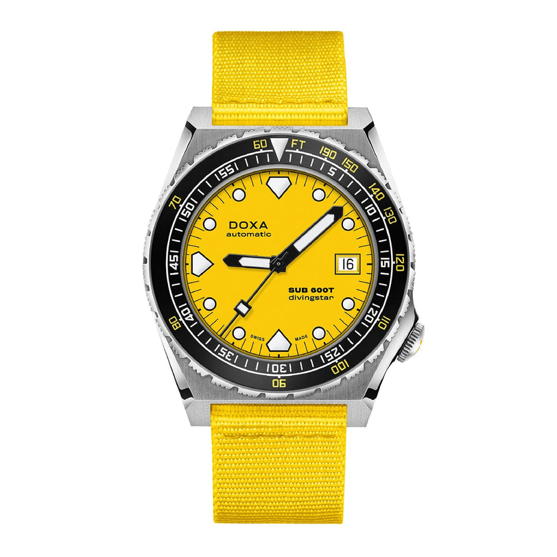 The DOXA Sub 600T Divingstar features a yellow dial, black rotating bezel, and yellow fabric strap with bold hour markers, date display, and durable 316L stainless steel construction.