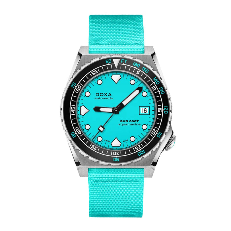 The DOXA Sub 600T Aquamarine features a turquoise dial and strap, 316L stainless steel case, black rotating bezel, and a date window at 3 o’clock.