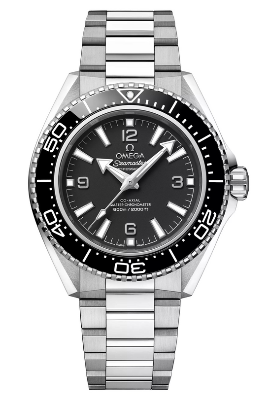 The OMEGA Seamaster Planet Ocean 42mm is a silver dive watch with a stainless steel band, black rotating bezel, black dial, white hour markers, luminescent hands, and a date window at 6 o’clock.