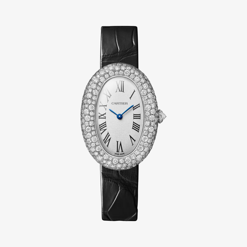 The Cartier Baignoire Medium Model features an oval diamond-set bezel, white dial with black Roman numerals and blue hands, plus a black leather strap—embodying timeless elegance on a plain white background.