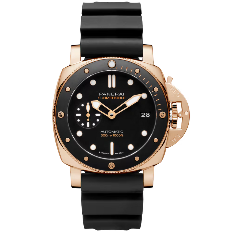 The Panerai Submersible Goldtech™ is a luxury automatic watch with a black rubber strap, black dial, gold case, round markers, date display, 300m/1000ft water resistance, and a P.900 calibre offering a 3-day power reserve.