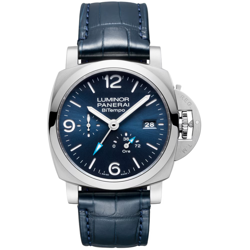 The Panerai Luminor BiTempo is a luxury watch featuring a blue dial, silver markers, date at 3 o’clock, dual time zone, blue leather strap, and an automatic P.9012 calibre movement with a 3-day power reserve.