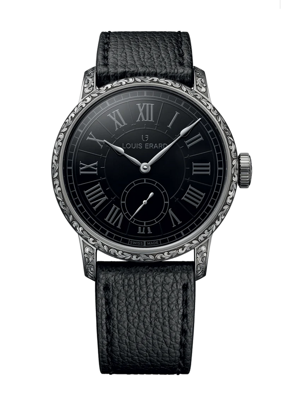 Black watch with detailed case and black leather strap on a white background