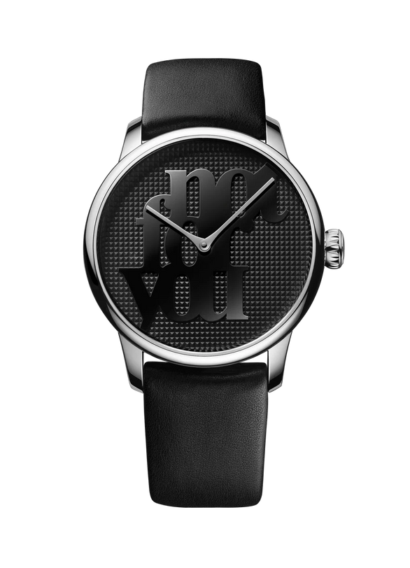 Black watch with a textured face on a white background