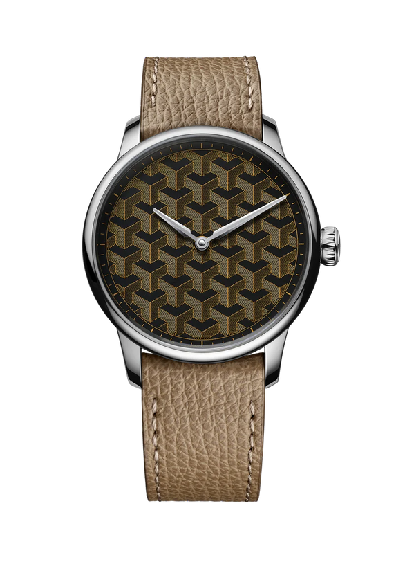 Watch with brown leather strap and geometric patterned dial on a white background