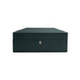 The WOLF British Racing 8 Piece Watch Box, shown closed against a white background, features a dark green rectangular design with a lock keyhole.