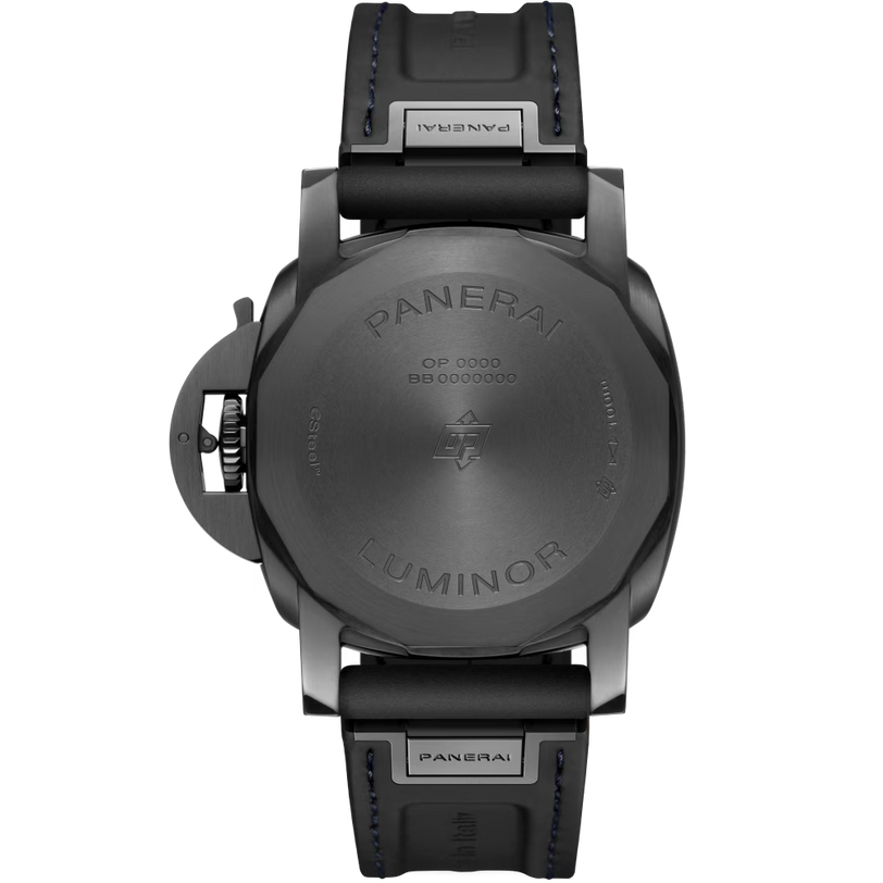 The back view of the Panerai Luminor Quaranta Steel DLC Luna Rossa watch reveals its engraved metal case back and highlights the fine craftsmanship of this automatic timepiece with a black case and leather strap.
