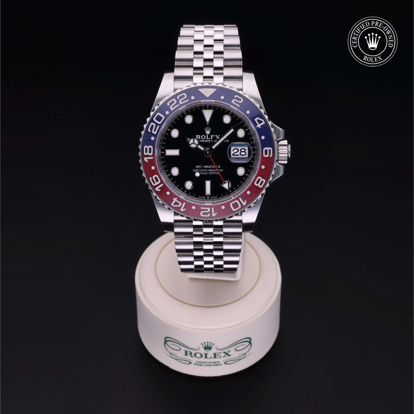 Rolex Certified Pre-owned GMT M126710BLRO-0001 front on black background