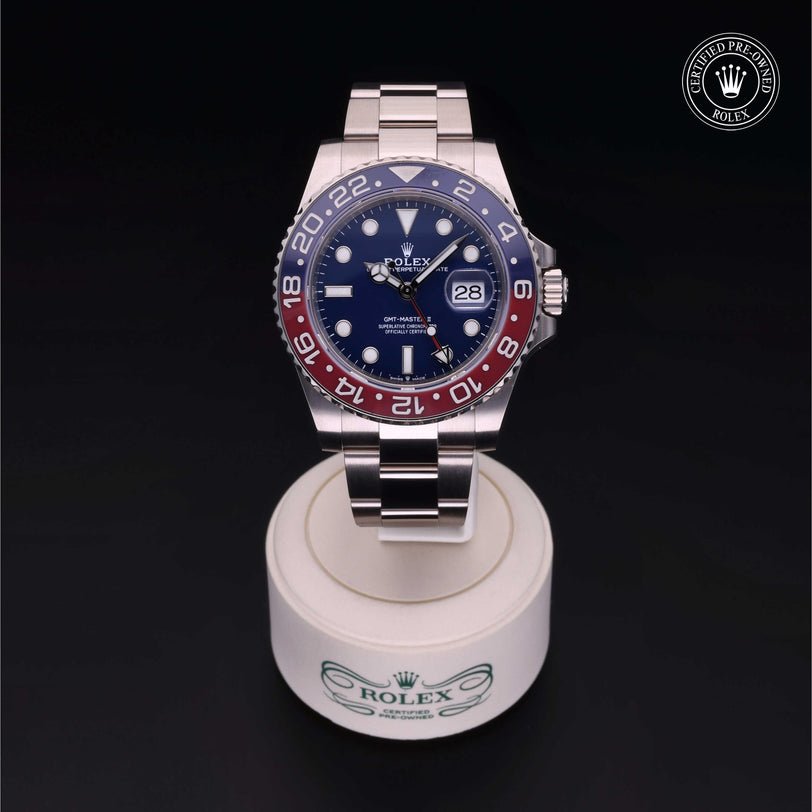 Rolex Certified Pre-owned GMT M126719BLRO-0003 front on black background