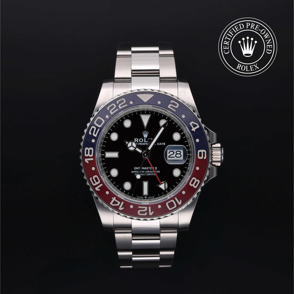 Rolex Certified Pre-owned GMT II M126710BLRO-0002 front on black background