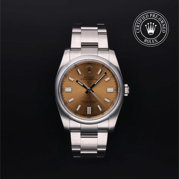Rolex Certified Pre-owned Oyster Perpetual M116000-0011 front on black background