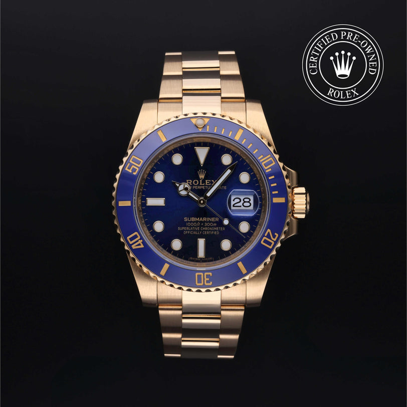Rolex Certified Pre-owned Submariner M116618LB-0003 front on black background