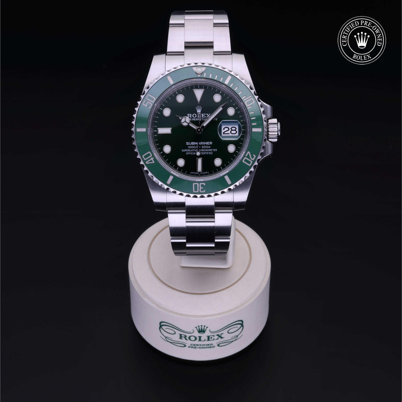 Rolex Certified Pre-owned Submariner M116610LV-0002 front on black background