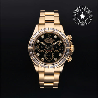 Rolex Certified Pre-owned Daytona M116568BR-0006 front on black background