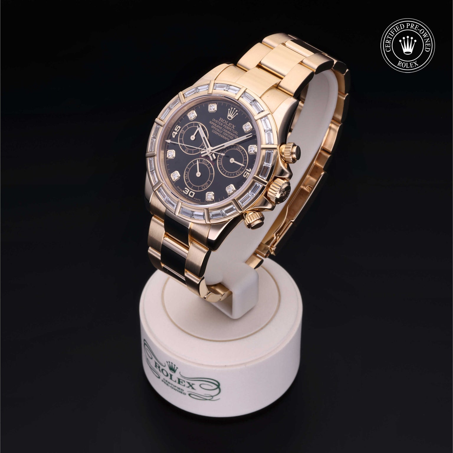 Rolex Certified Pre-owned Daytona M116568BR-0006 front on black background