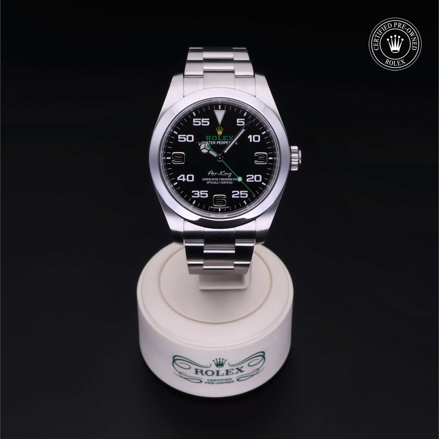 Rolex Certified Pre-owned Air-King M116900-0001 front on black background