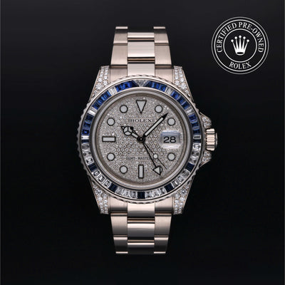 Rolex Certified Pre-owned GMT II M116759SA-0002 front on black background