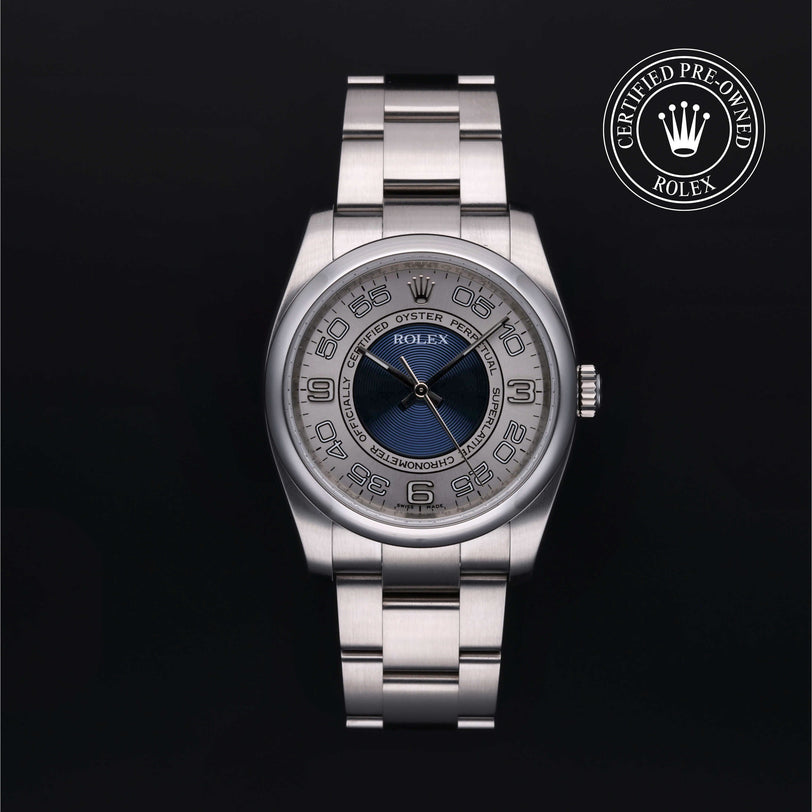 Rolex Certified Pre-owned Oyster Perpetual M116000-0004 front on black background