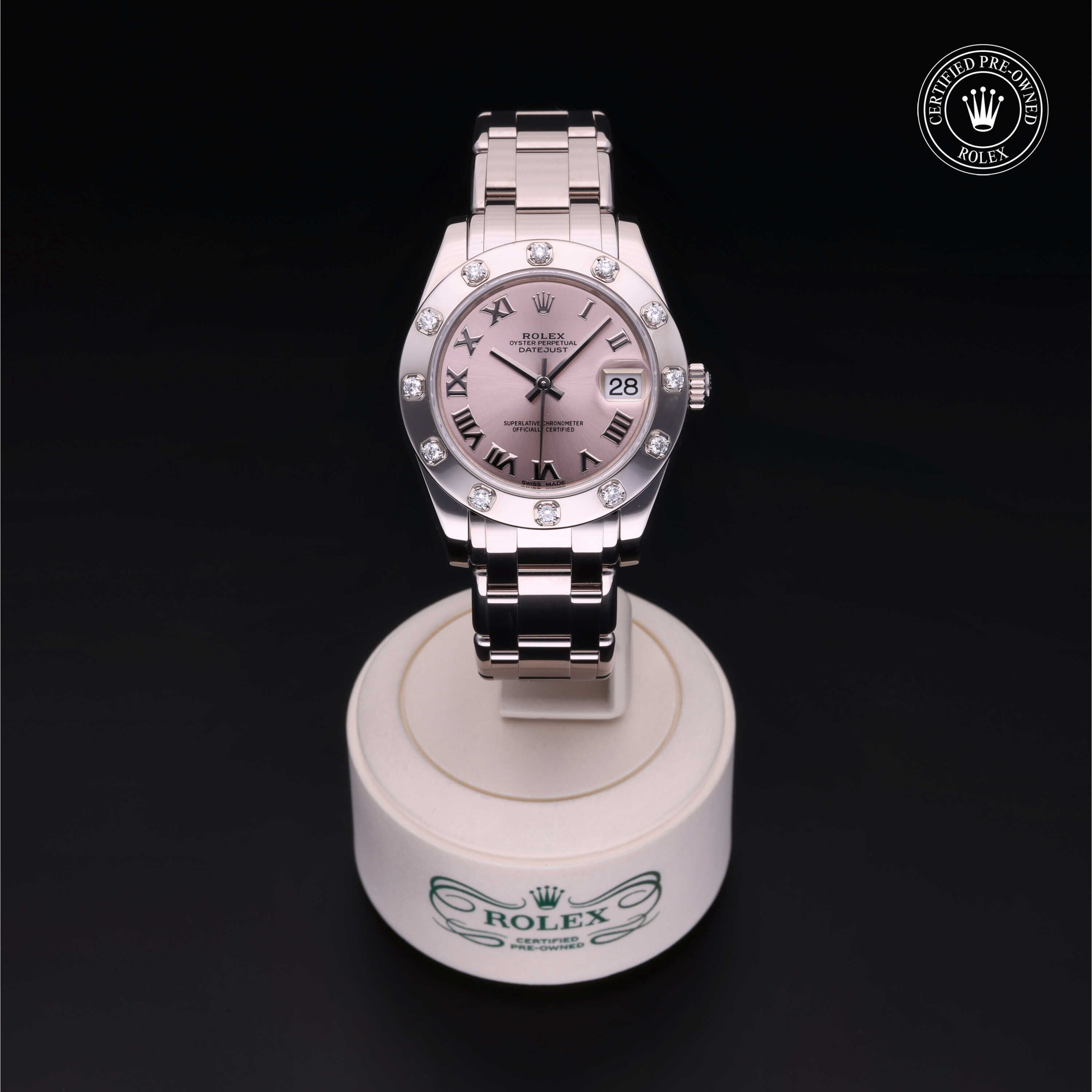Rolex Certified Pre-owned Lady Datejust Pearlmaster M81319-0028 front on black background