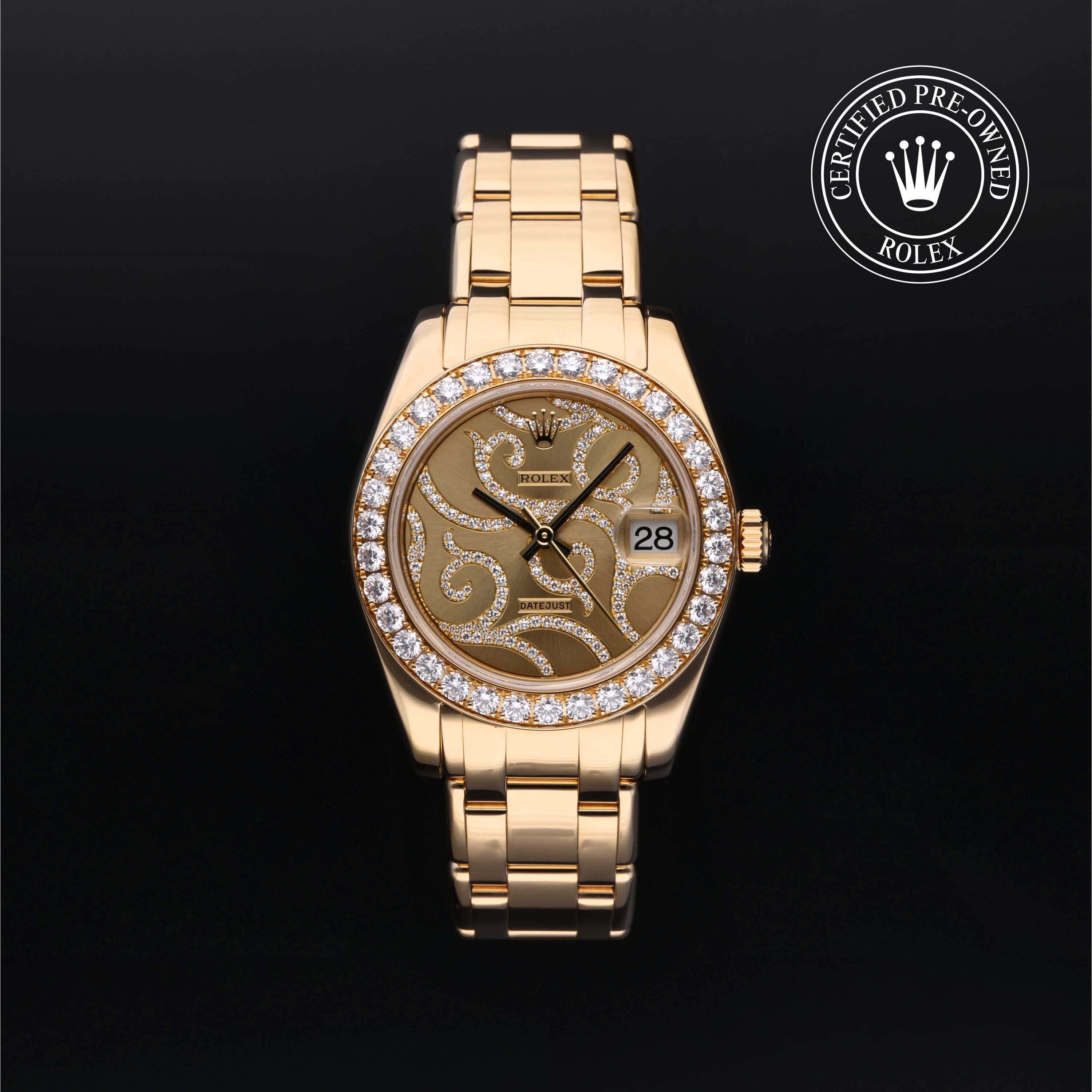 Rolex Certified Pre-owned Lady Datejust Pearlmaster M81298-0017 front on black background