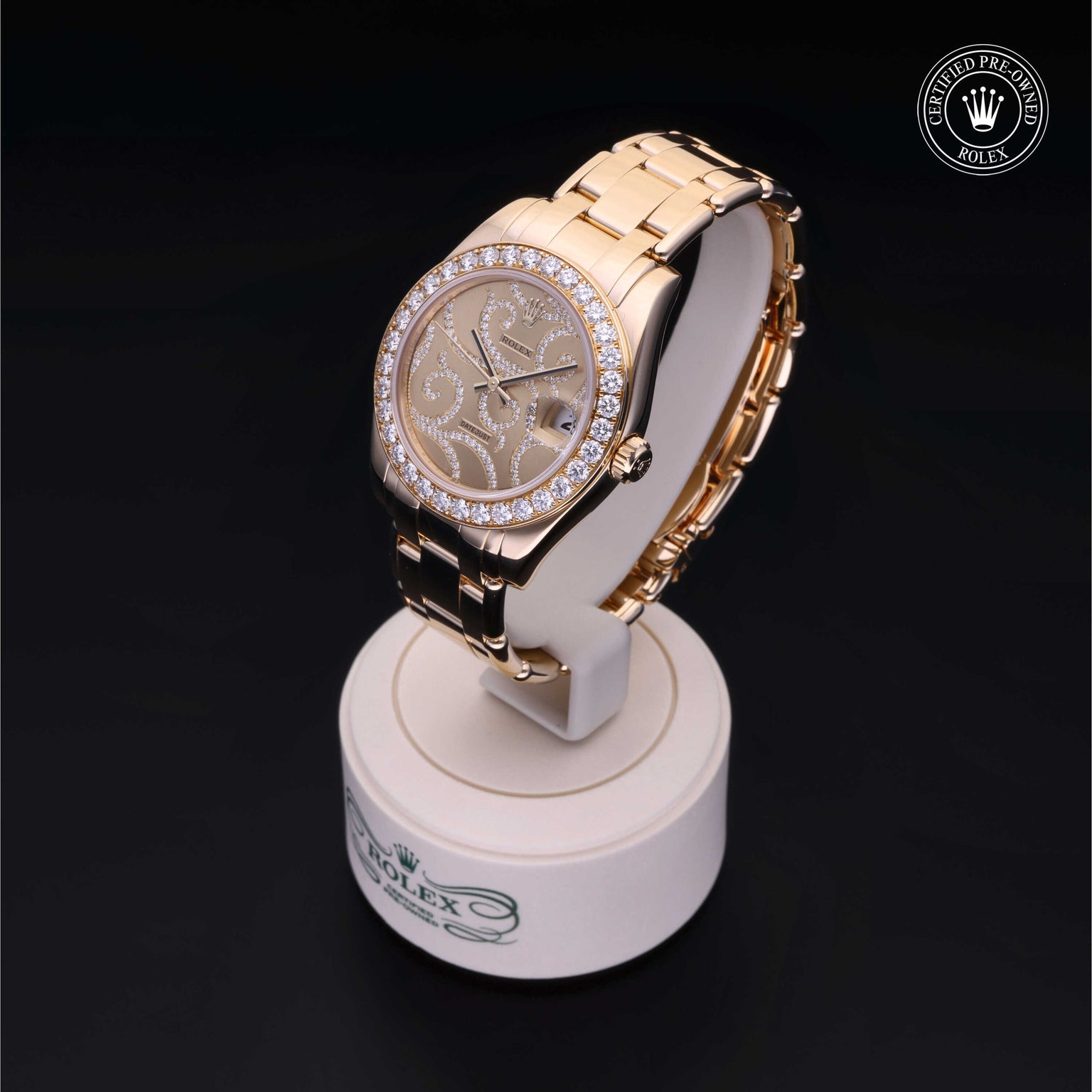 Rolex Certified Pre-owned Lady Datejust Pearlmaster M81298-0017 front on black background