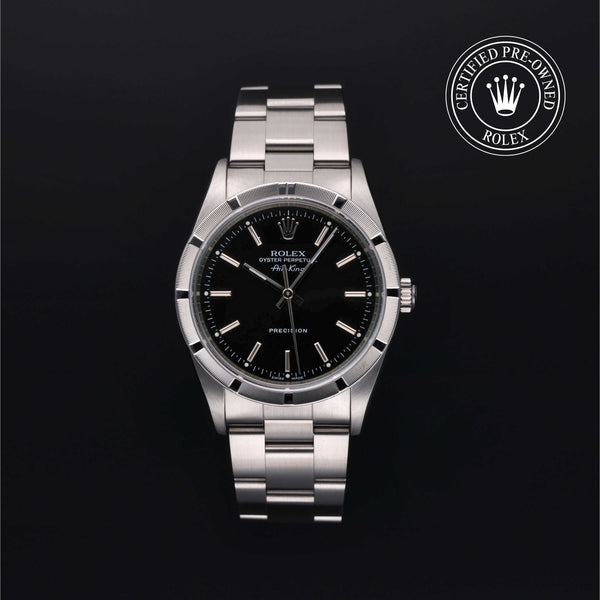 Rolex Certified Pre-owned Air-King M14010M-0012 front on black background