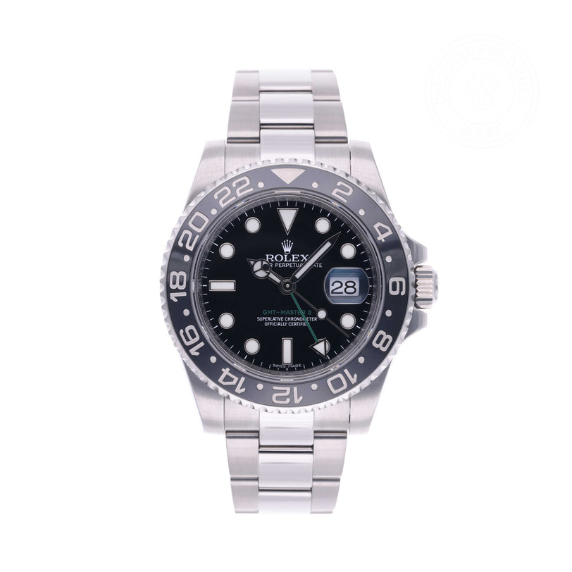 Rolex Certified Pre-owned GMT M116710LN-0001 front on white background
