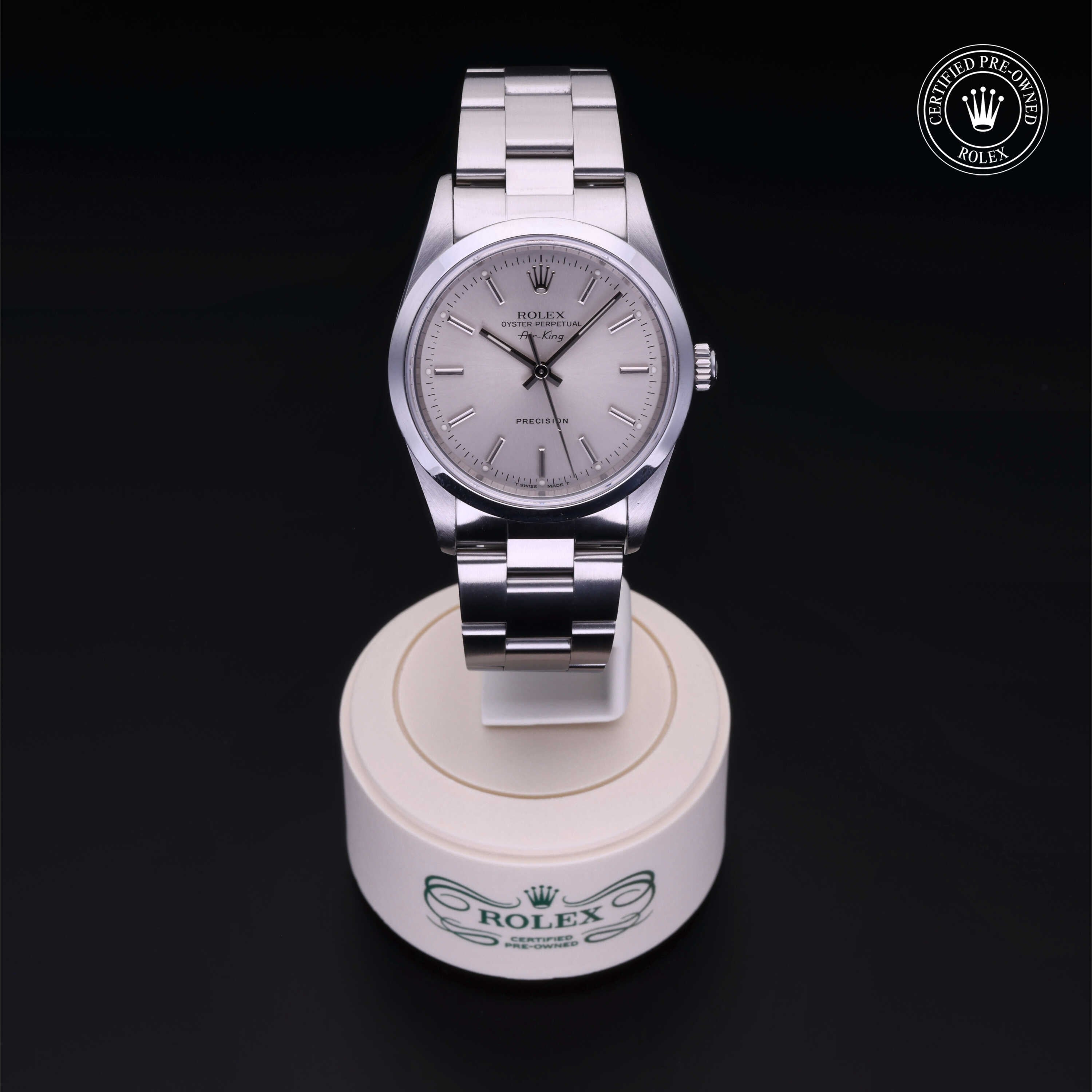 Rolex Certified Pre-owned Air-King M14000-0001 front on black background