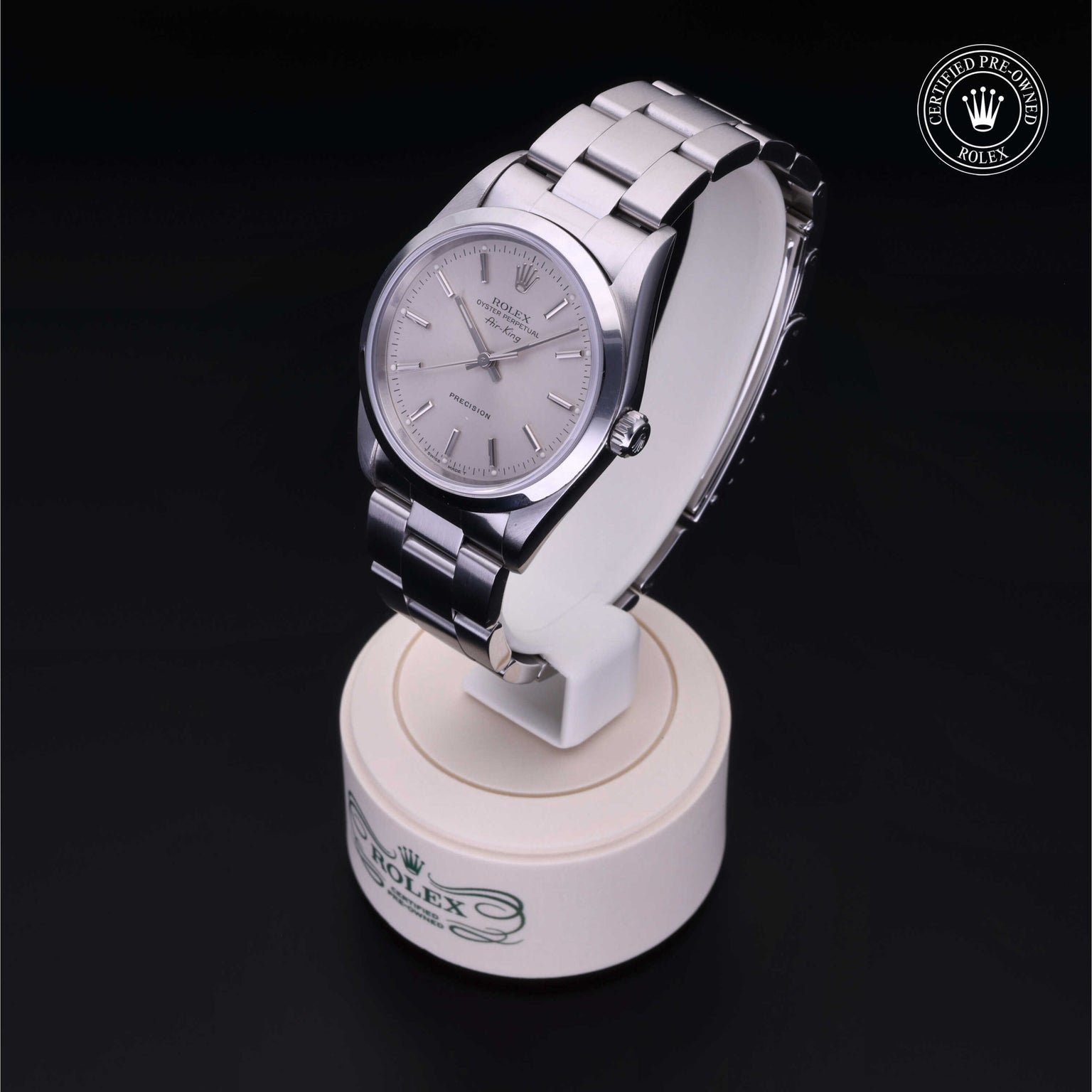 Rolex Certified Pre-owned Air-King M14000-0001 front on black background