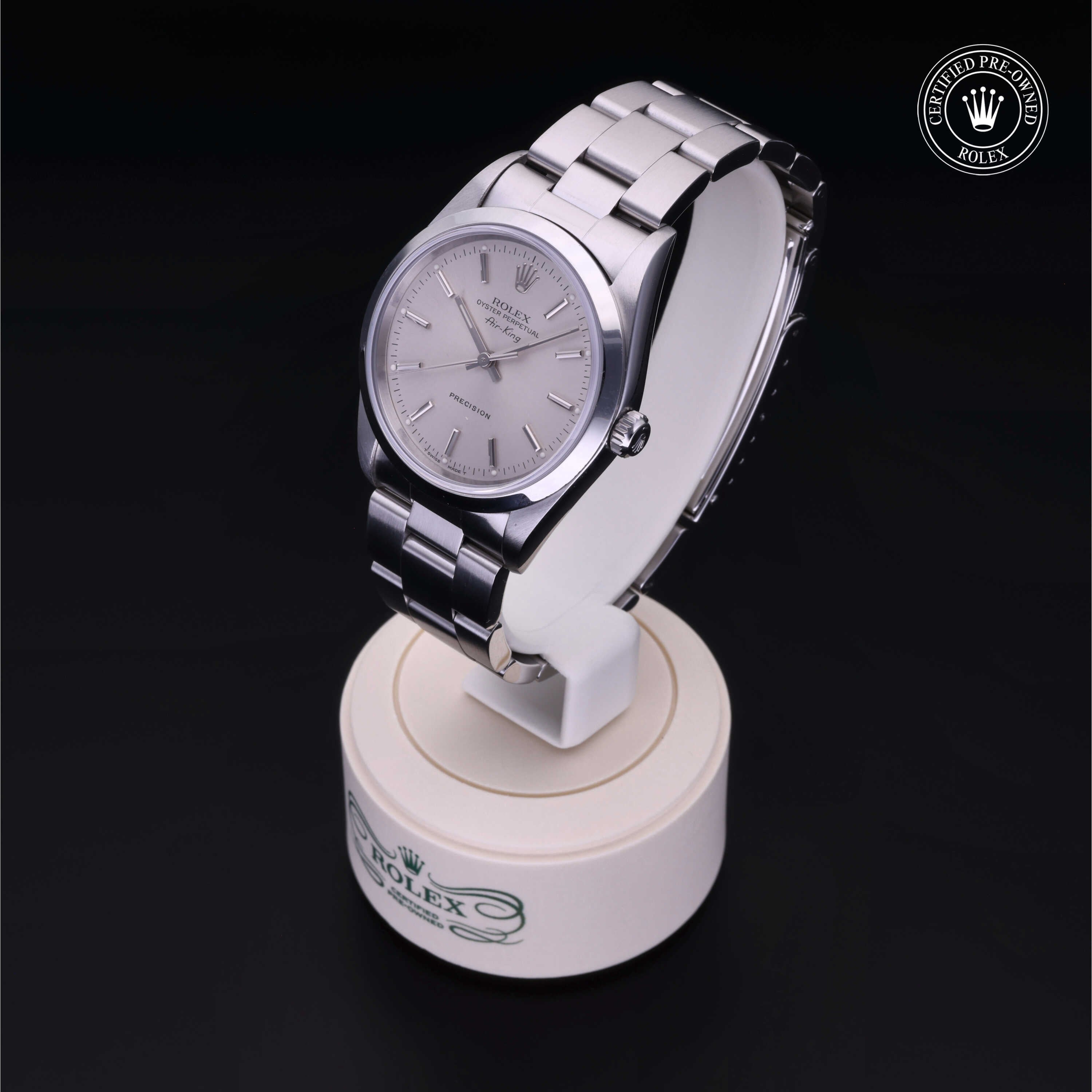 Rolex Certified Pre-owned Air-King M14000-0001 front on black background