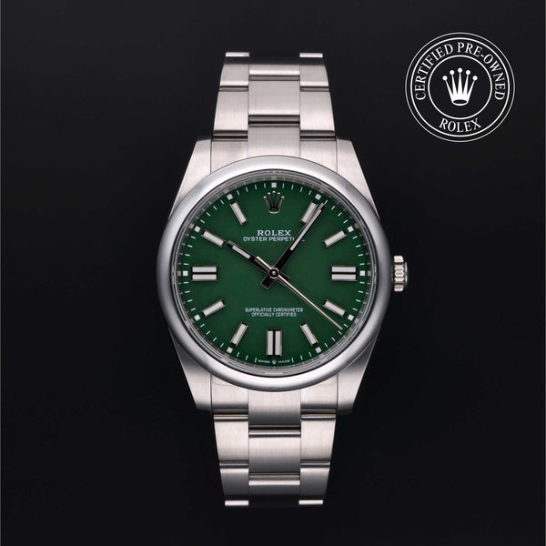 Rolex Certified Pre-owned Oyster Perpetual M124300-0005 front on black background