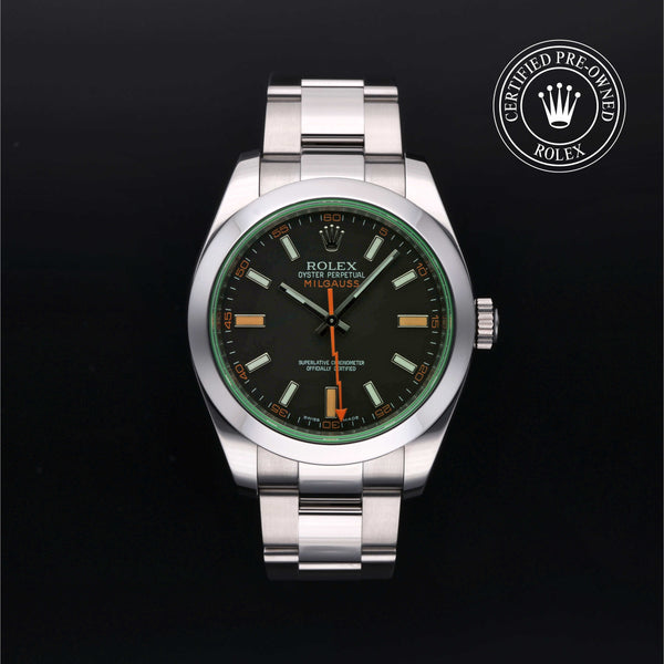 Rolex Certified Pre-owned Milgauss M116400GV-0001 front on black background