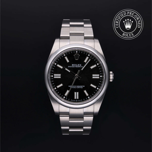 Rolex Certified Pre-owned Oyster Perpetual M124300-0002 front on black background