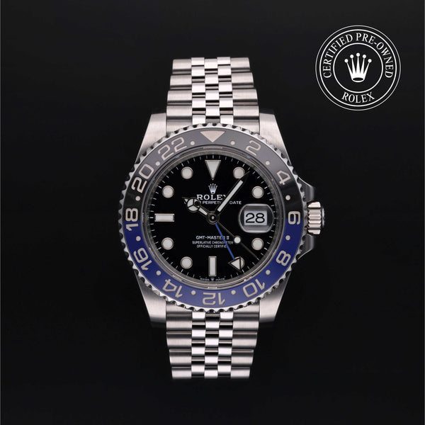 Rolex Certified Pre-owned GMT II M126710BLNR-0002 front on black background