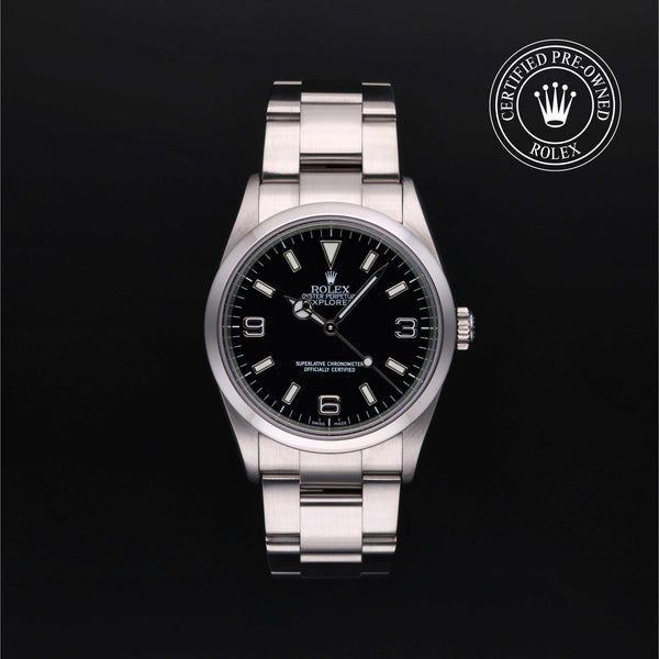 Rolex Certified Pre-owned Explorer M114270-0002 front on black background