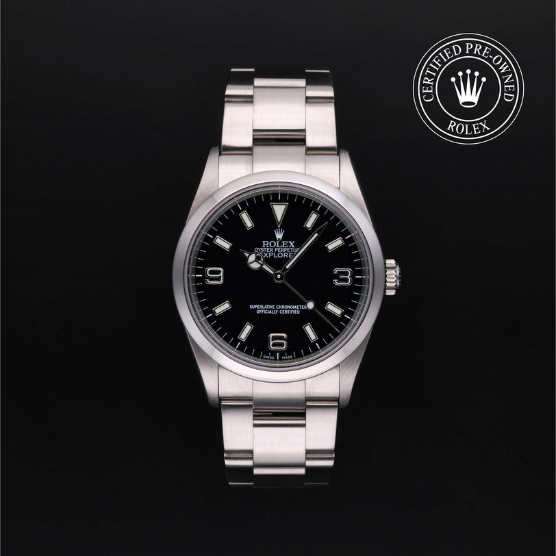 Rolex Certified Pre-owned Explorer M114270-0002 front on black background