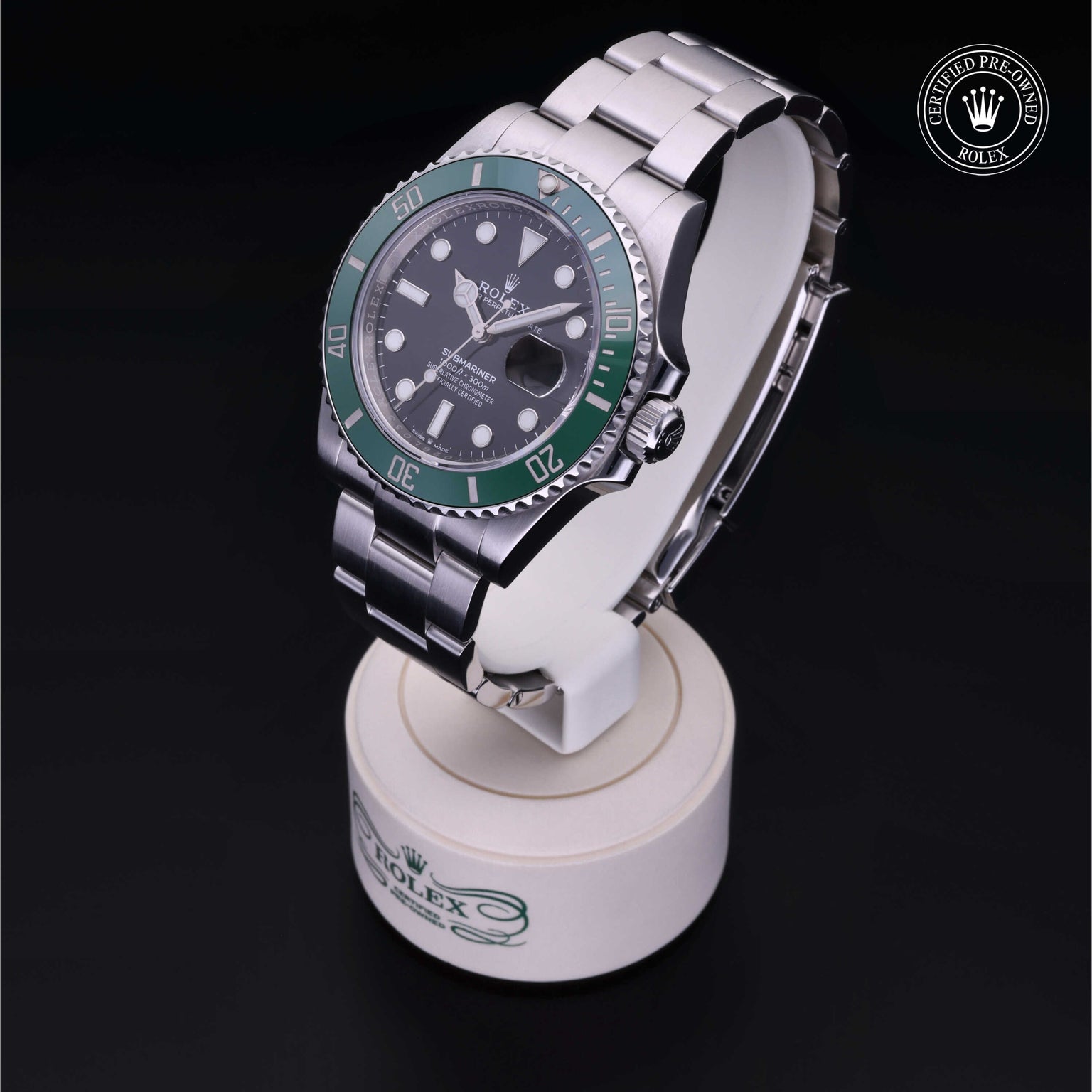 Rolex Certified Pre-owned Submariner M126610LV-0002 front on black background