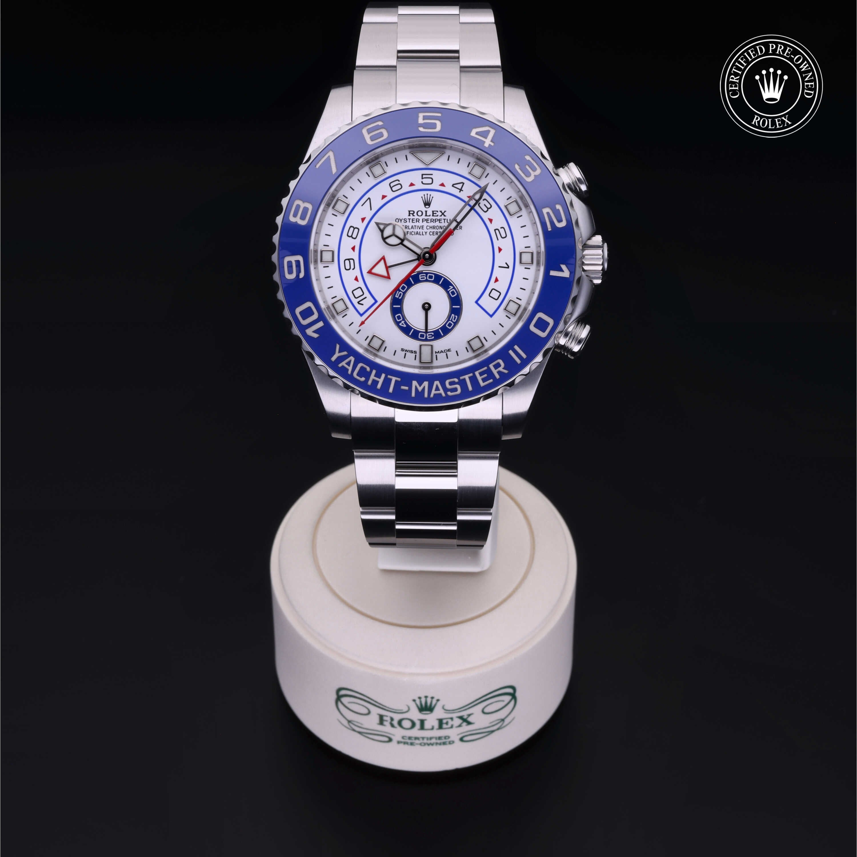 Rolex Certified Pre-owned Yacht-Master II M116680-0002 front on black background