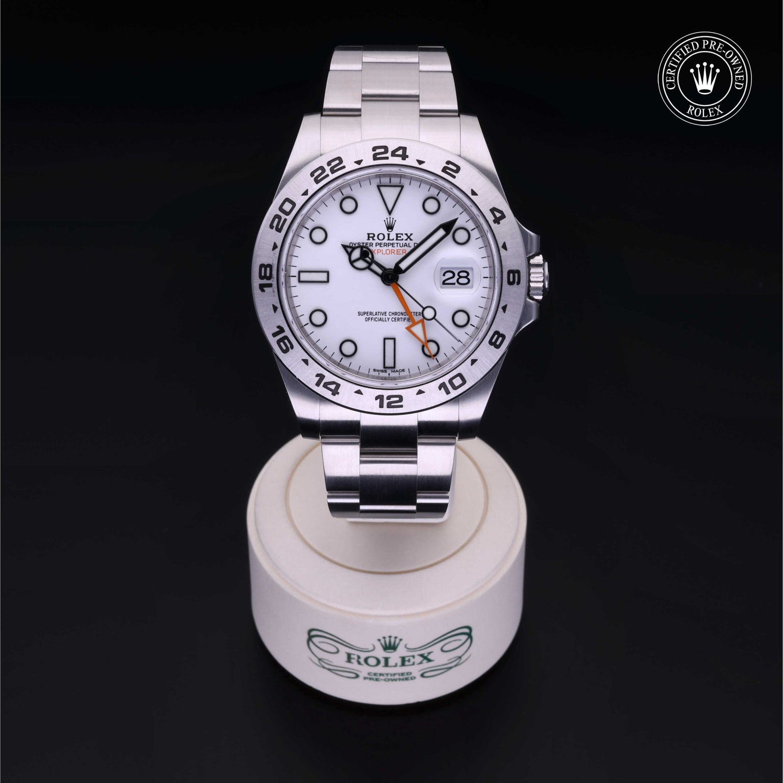 Rolex Certified Pre-owned Explorer M216570-0001 front on black background