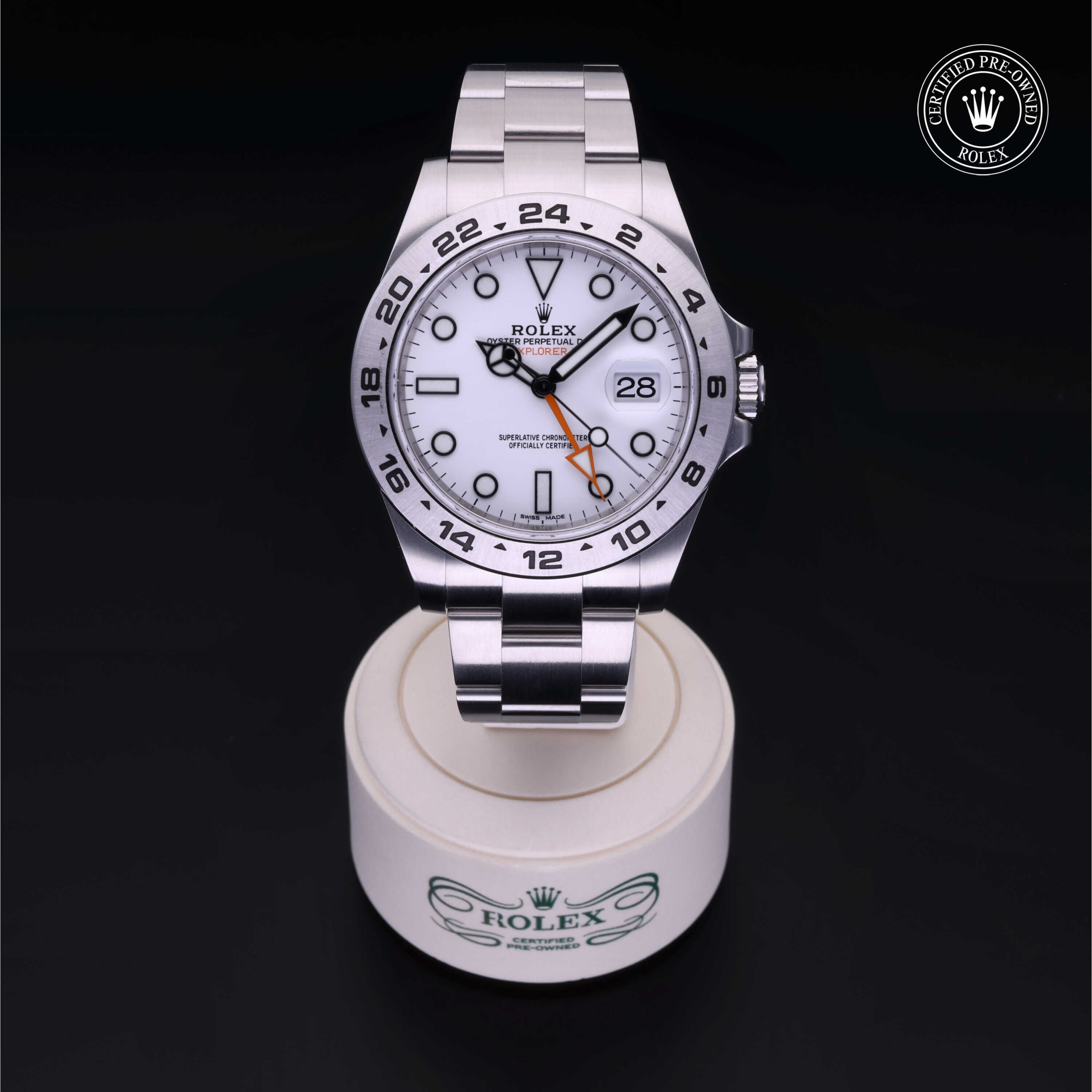 Rolex Certified Pre-owned Explorer M216570-0001 front on black background