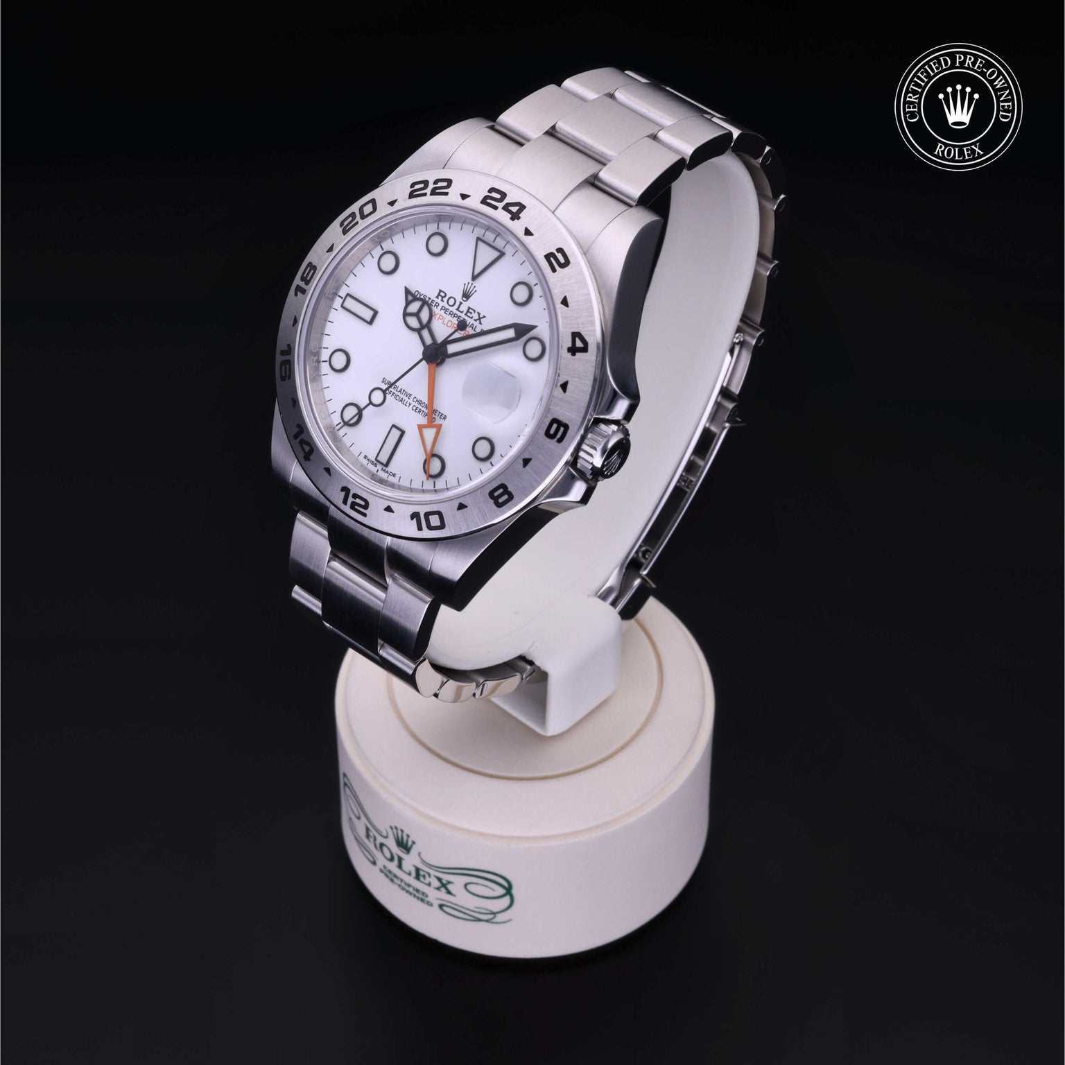 Rolex Certified Pre-owned Explorer M216570-0001 front on black background